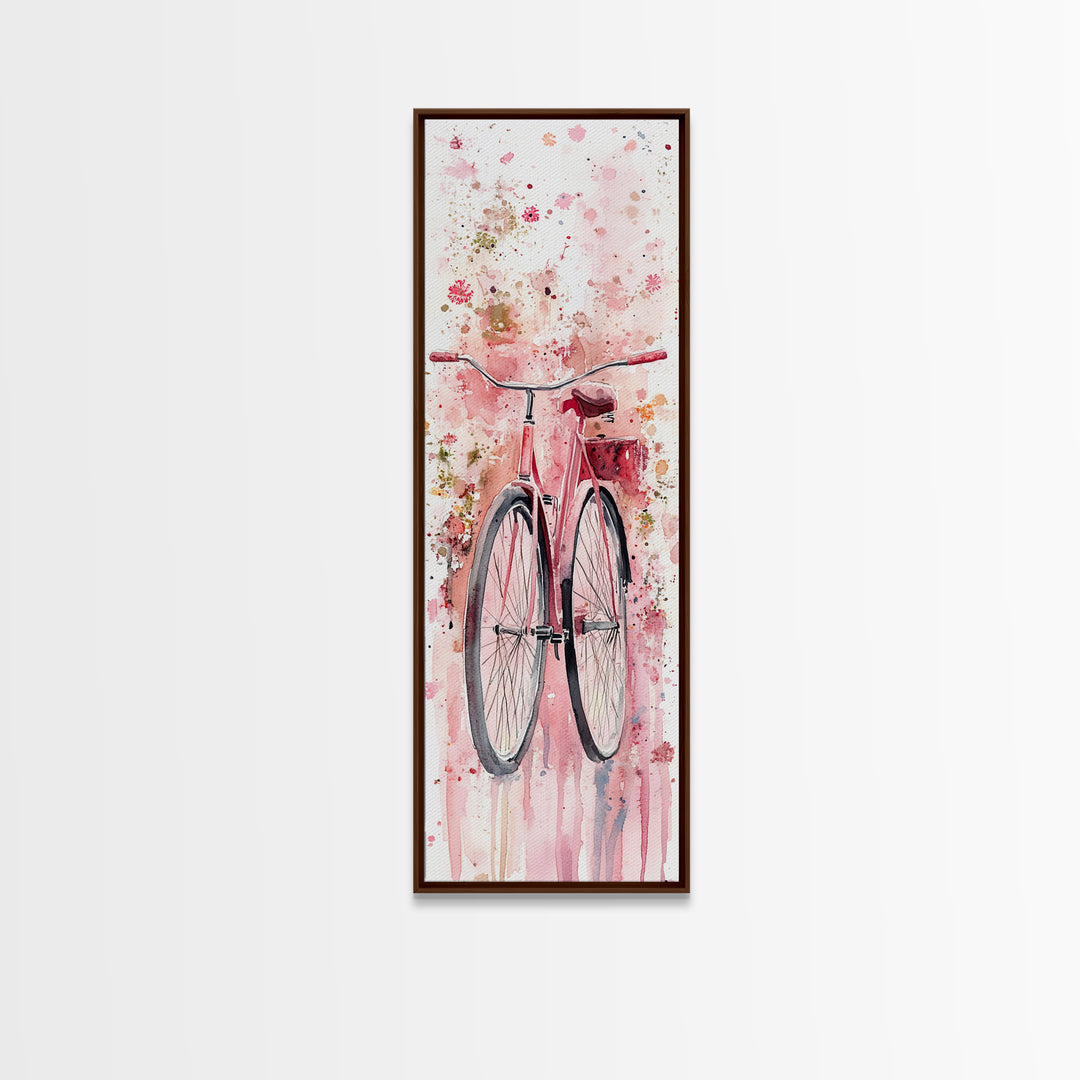 Bicycle Art Canvas Print Retro Pink Wall Art Long Narrow Vintage Style Above Couch Gift Idea Light Pink Minimalist Wabi Sabi Art