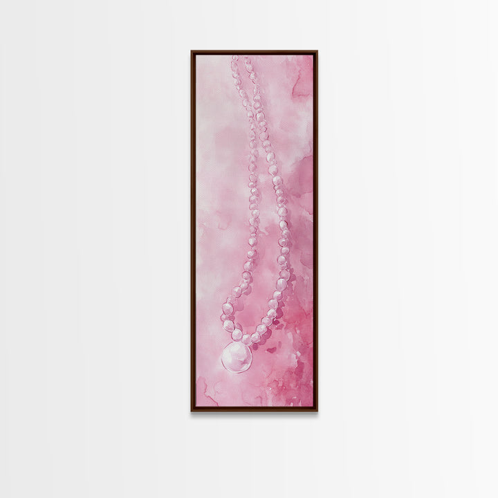 Elegant Pearl Necklace Canvas Print Whimsical Art Long Narrow Wall Art Pink Abstract Art Gift Idea Decorative Jewelry Painting Vertical