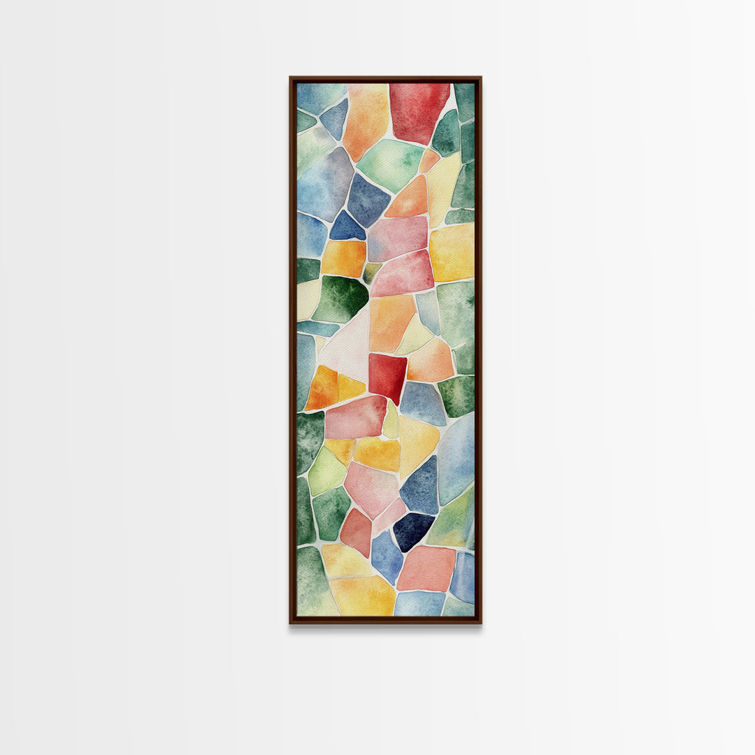 Stained Glass Mosaic Framed Canvas Print Vibrant Moroccan Wall Art Bright Geometric Long Skinny Living Room or Bedroom Decor