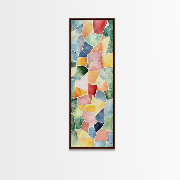 Stained Glass Mosaic Framed Canvas Print Vibrant Moroccan Wall Art Bright Geometric Long Skinny Living Room or Bedroom Decor
