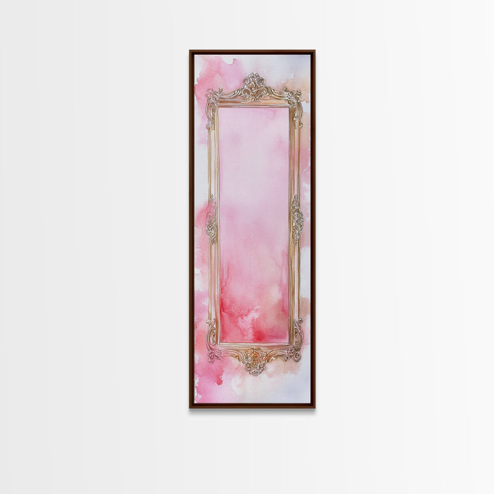 Ornate Frame Canvas Print, art nouveau-inspired pink framed decor with a touch of wabi sabi, classic vertical wall art for elegant spaces.