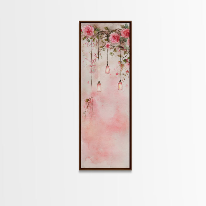 Rose Lantern Canvas Print, romantic floral and hanging lanterns painting with soft pink tones, whimsical boho wall art for bedroom decor.