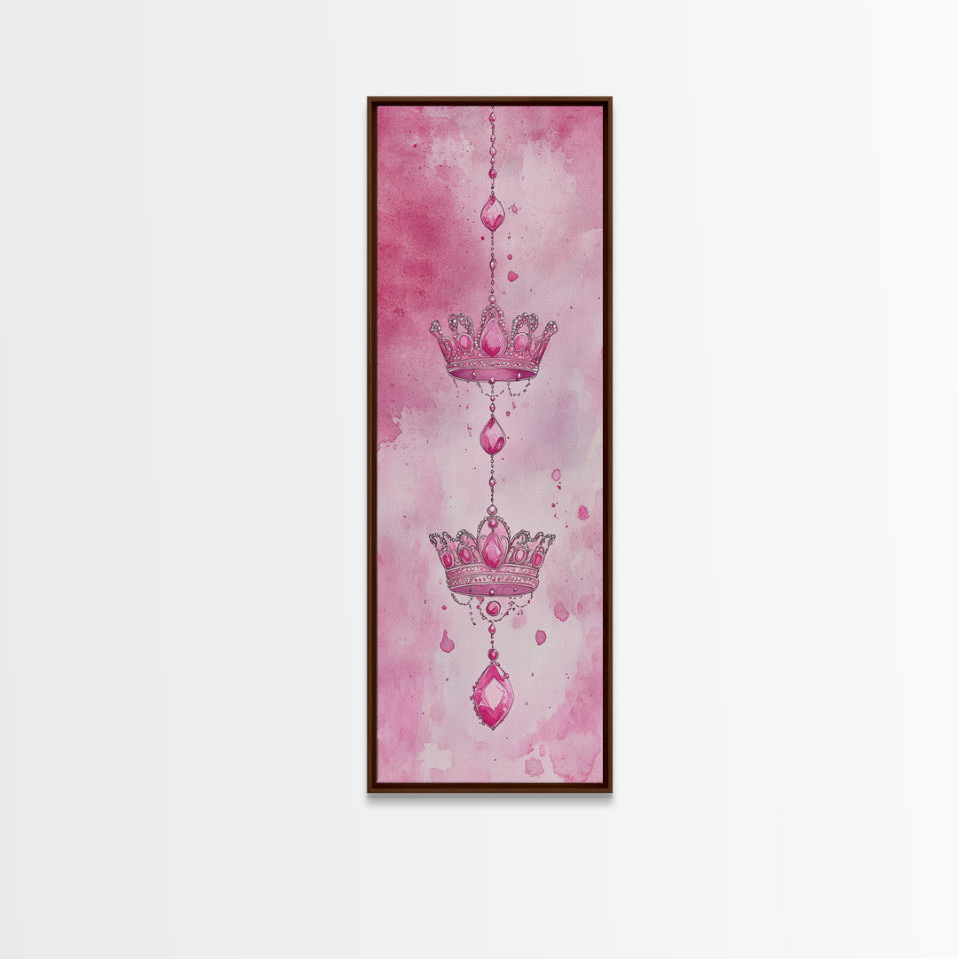 Regal Crown Gem Painting Framed Canvas Print Featuring Pink Abstract Art with Sparkling Gemstone Accents for Whimsical Wall Art Spaces
