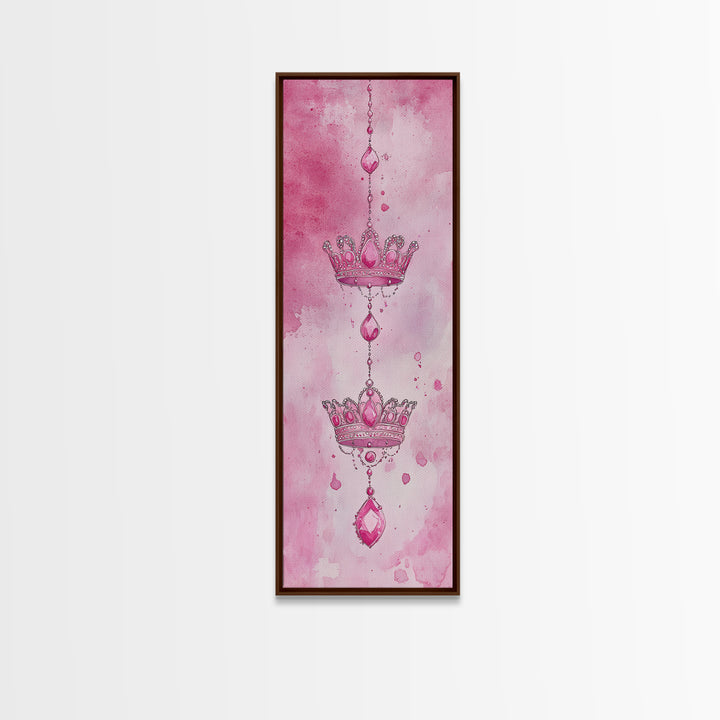 Regal Crown Gem Painting Framed Canvas Print Featuring Pink Abstract Art with Sparkling Gemstone Accents for Whimsical Wall Art Spaces