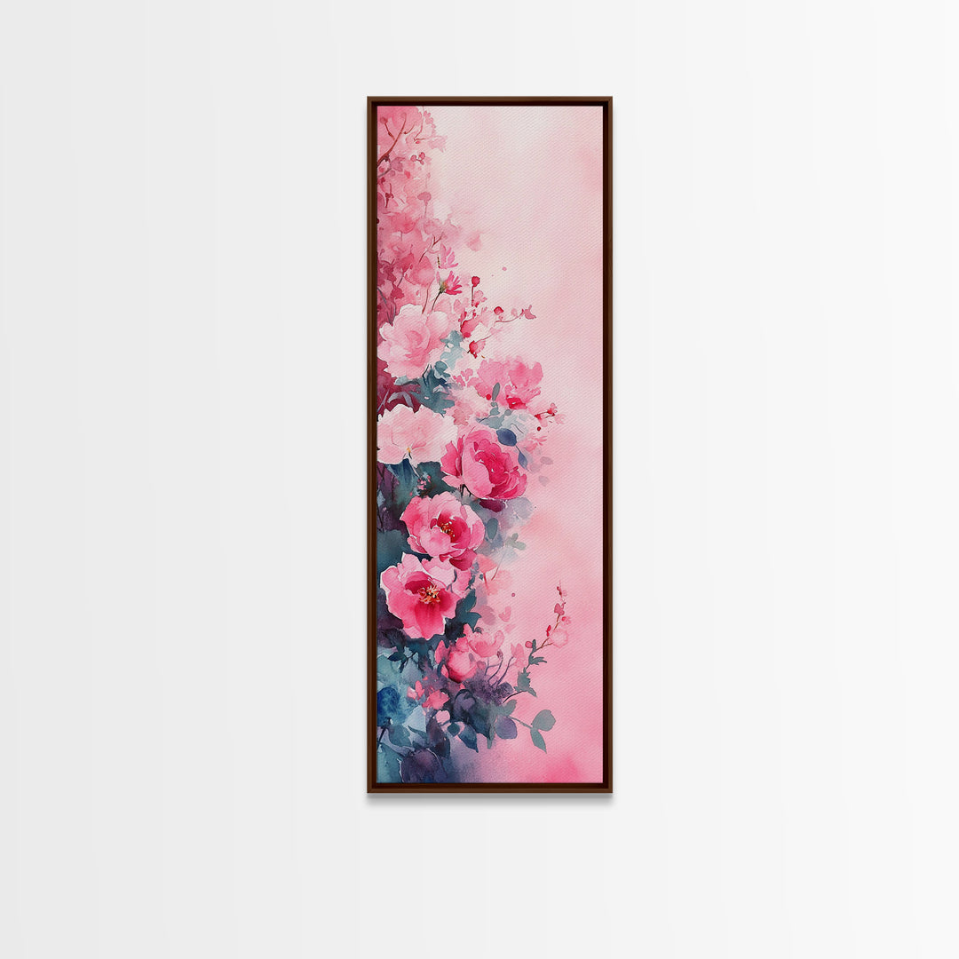 Romantic Rose Painting Framed Canvas Print with Light Pink Wall Art Featuring Cherry Blossom Details and Cozy Bedroom Decor Accents