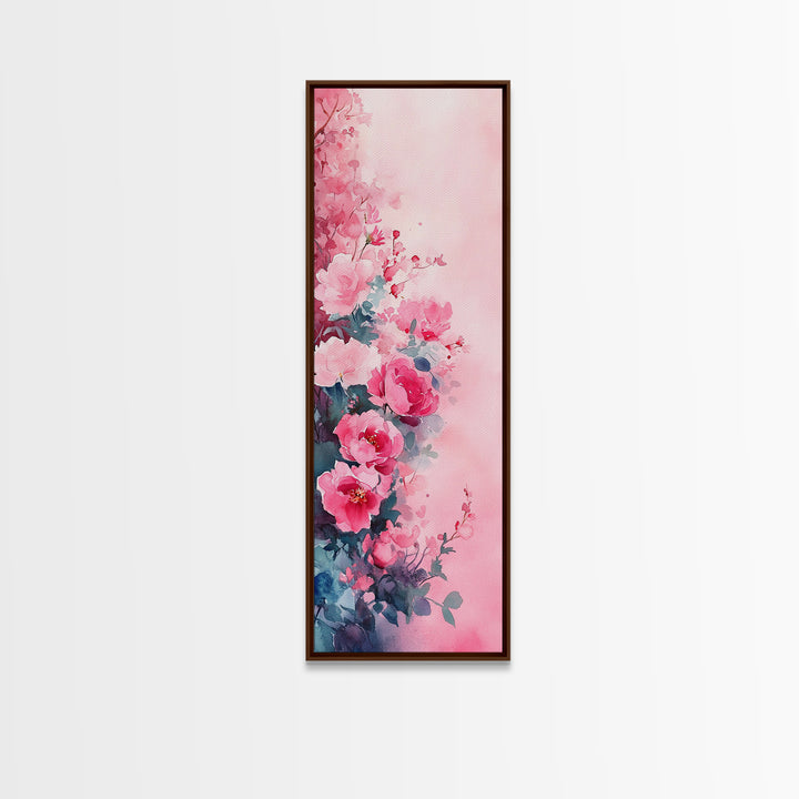 Romantic Rose Painting Framed Canvas Print with Light Pink Wall Art Featuring Cherry Blossom Details and Cozy Bedroom Decor Accents