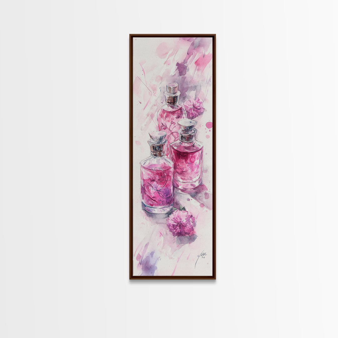 Perfume Bottles Canvas Print - Elegant Pink Abstract Art, Feminine Glass Bottles Artwork, Gift Idea for Her, Bedroom Wall Decor