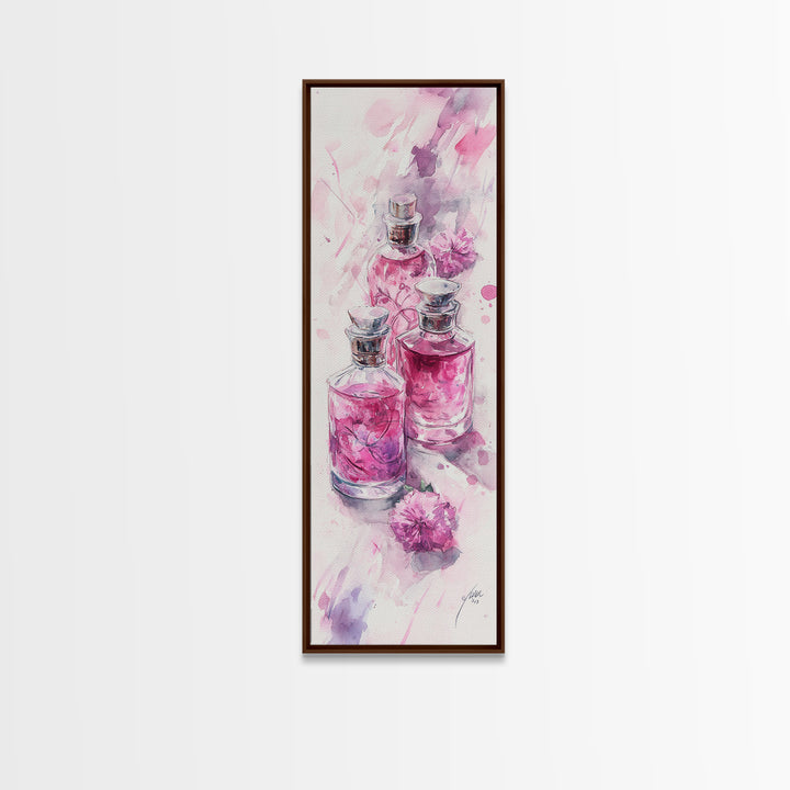 Perfume Bottles Canvas Print - Elegant Pink Abstract Art, Feminine Glass Bottles Artwork, Gift Idea for Her, Bedroom Wall Decor