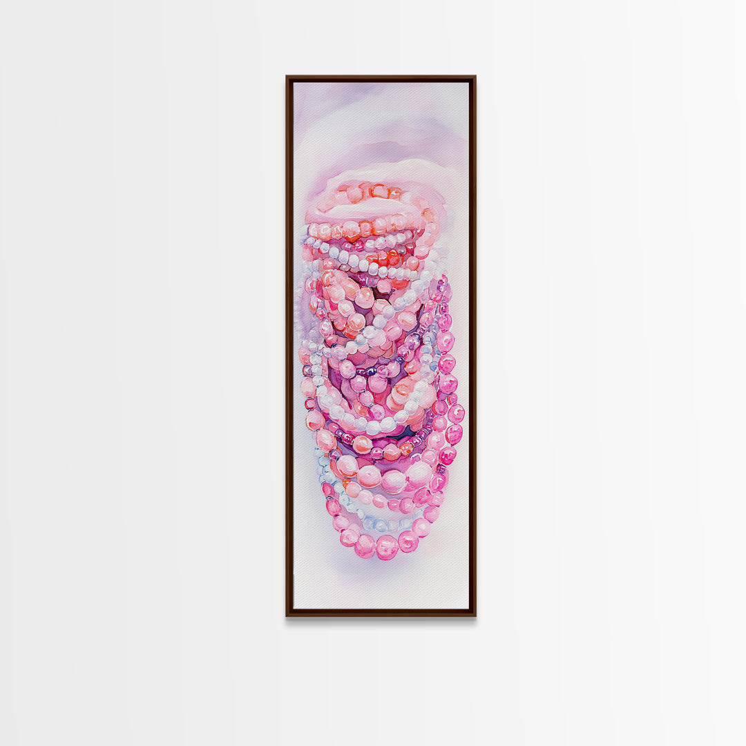 Pastel Beads Canvas Print - Whimsical Tall Narrow Art, Pink Pearl Inspired Jewelry Painting, Vertical Art for Boho Bedroom