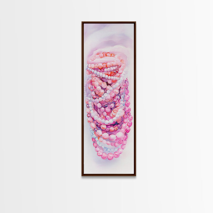 Pastel Beads Canvas Print - Whimsical Tall Narrow Art, Pink Pearl Inspired Jewelry Painting, Vertical Art for Boho Bedroom