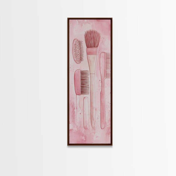 Hairbrushes And Combs Framed Canvas Print Light Pink Wall Art Minimalist Art Long Narrow Wall Art Tall Skinny Art Gift Idea