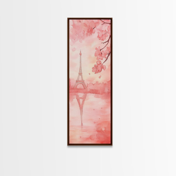 Eiffel Tower Reflection Pink Cherry Blossom Canvas Print Paris Wall Art Romantic Landscape Long Narrow Above Bed Vertical Art