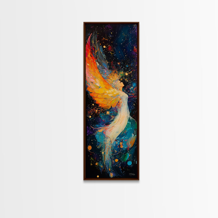 Abstract Angel Framed Canvas Print with Vibrant Colors, Phoenix Metal Art, Long Narrow Wall Art, Living Room Art, Vertical Wall Art