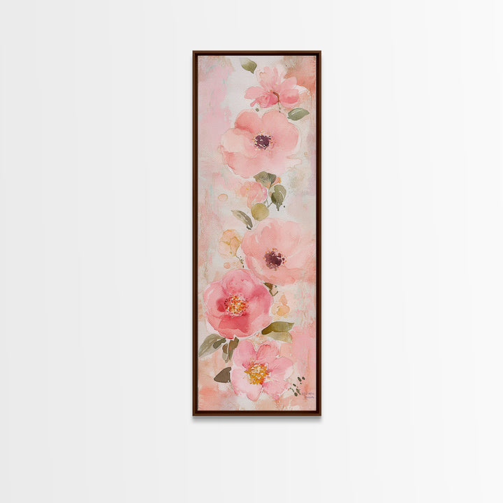 Delicate Floral Wildflower Framed Canvas Print Light Pink Botanical Prints Vertical Wall Art Tall Narrow Art Rustic Living Room Art