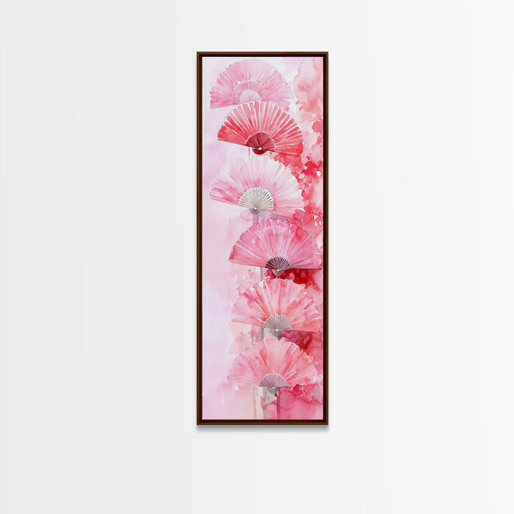 Elegant Hand Fans Framed Canvas Print Chinoiserie Wabi Sabi Wall Art Vertical Pink Decor Skinny Tall Art Light Pink Wall Art