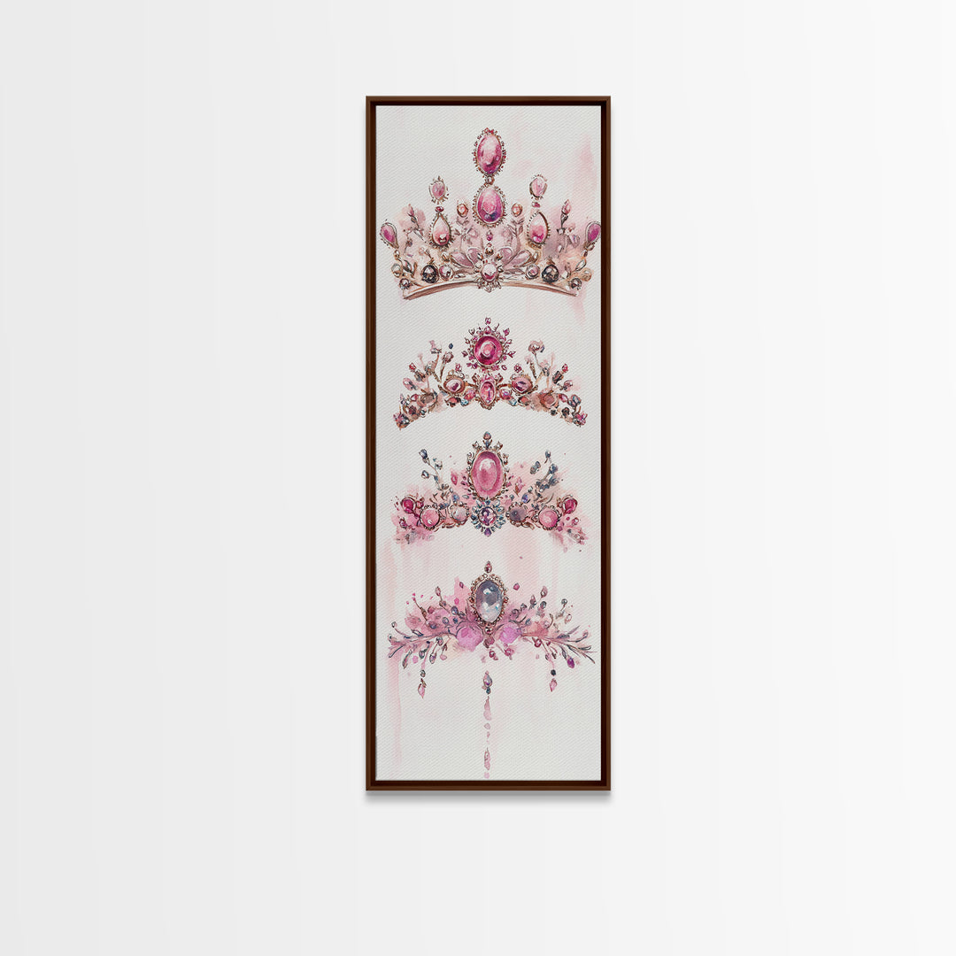 Royal Pink Tiara Framed Canvas Print Princess Gemstone Painting Feminine Wabi Sabi Art Vertical Wall Art Elegant Home Decor