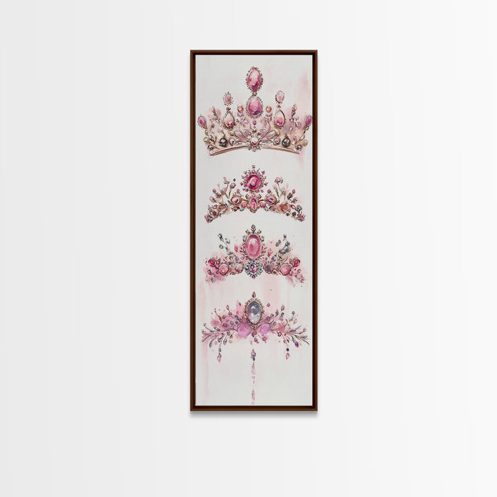 Royal Pink Tiara Framed Canvas Print Princess Gemstone Painting Feminine Wabi Sabi Art Vertical Wall Art Elegant Home Decor