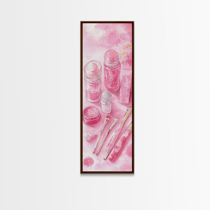 Pastel Pink Beauty Tools Canvas Print Feminine Wall Art Light Pink Bathroom Decor Makeup Lover Rustic Vertical Artwork Girly