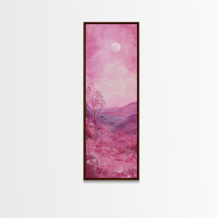 Mystical Pink Moon Framed Canvas Print with Wildflower and Mountain Painting Perfect Moody Landscape Art for Living Room
