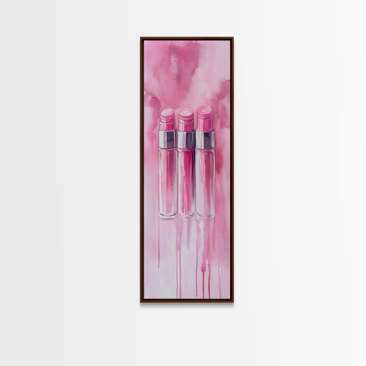 Glossy Pink Lipstick Trio Framed Canvas Print in Minimalist Vertical Wall Art for Fashion and Makeup Room Décor