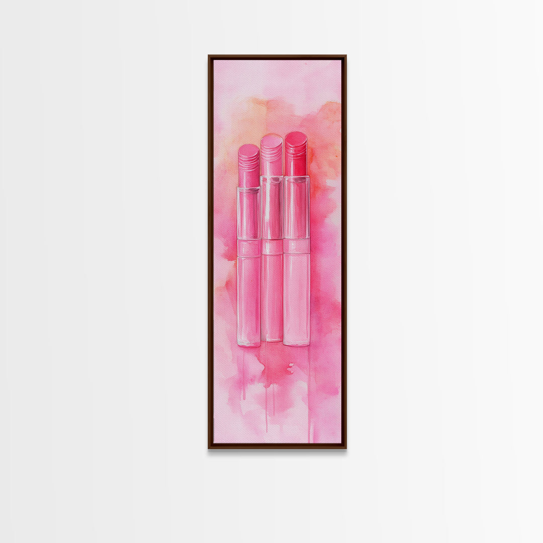 Light Pink Lipsticks Framed Canvas Print, Modern Whimsical Art, Abstract Vertical Art for Makeup Room or Girly Dorm Wall Decor