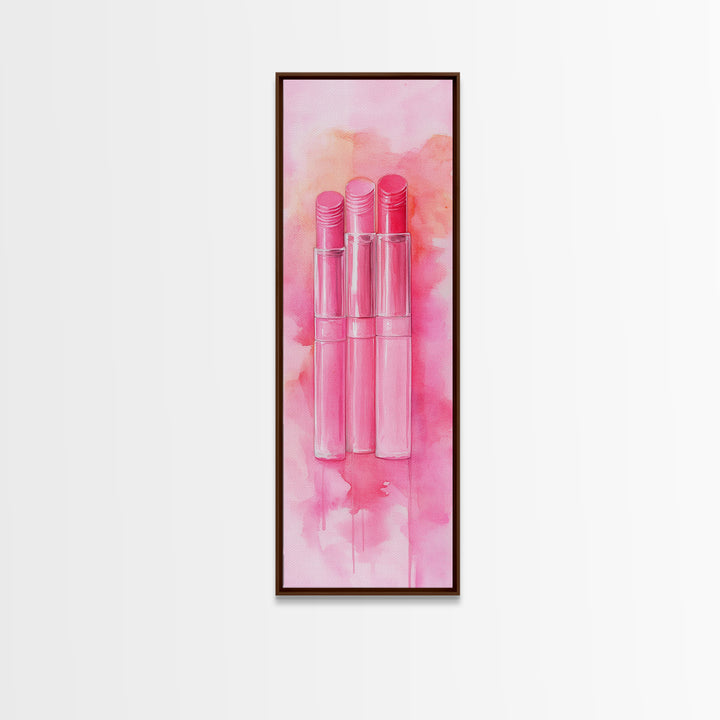 Light Pink Lipsticks Framed Canvas Print, Modern Whimsical Art, Abstract Vertical Art for Makeup Room or Girly Dorm Wall Decor