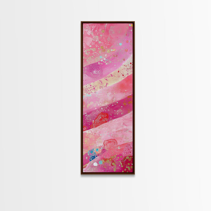 Pink and Gold Abstract Canvas Print, Whimsical Blotter Art with Metallic Accents, Vibrant Vertical Art for Bright and Creative Spaces