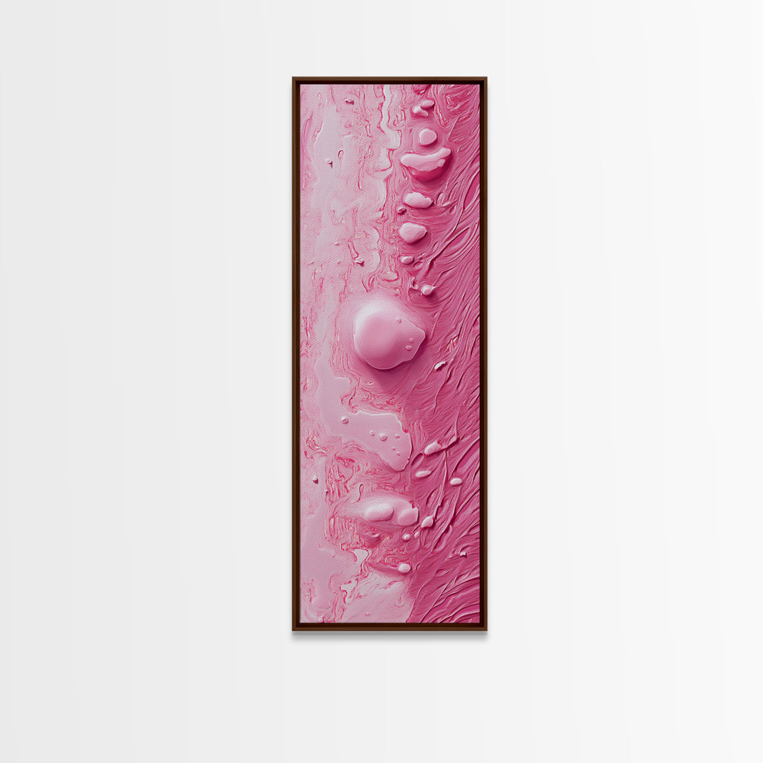 Pink Texture Abstract Framed Canvas Print, Minimalist Blotter Art in Light Pink Tones, Skinny Wall Art for Modern Bedroom or Office