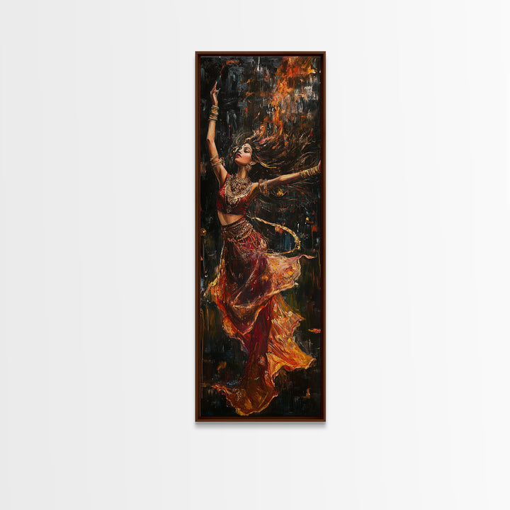 Dancing Woman Framed Canvas Print, Fiery Dark Romance Painting, Original Vertical Art for Bold Bedroom or Statement Living Room Decor