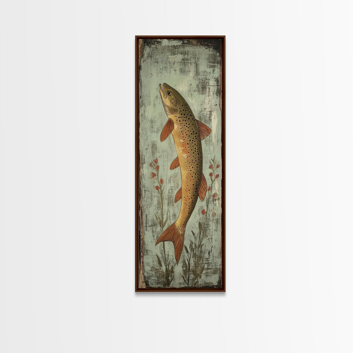 Trout Art Rustic Framed Canvas Print Skinny Vertical Art Fly Fishing Art Rustic Decor Tall Narrow Art Guest Room Wall Decor