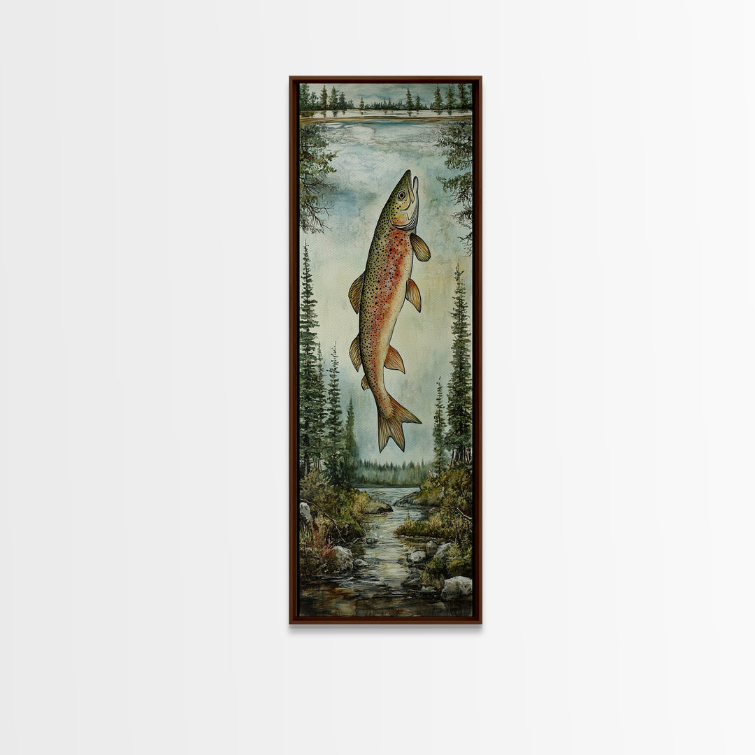 Trout In Mountain Scene Framed Canvas Print Rustic Landscape Art Fly Fishing Wall Art Skinny Wall Art Tall Vertical Decor