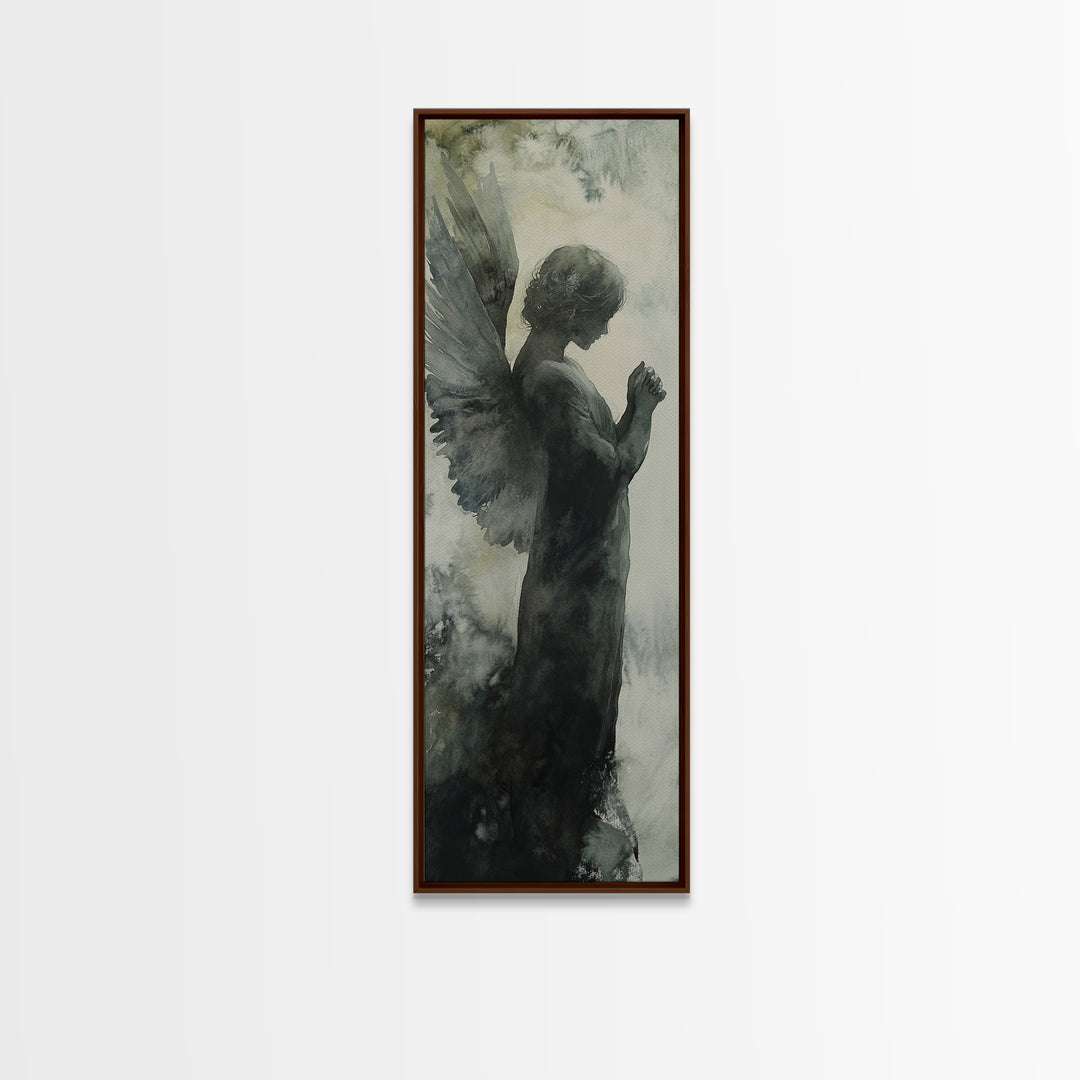 Watercolor Angel Canvas Print with Elegant Moody Design, Dark Angels Wall Art Gift Idea, Vertical Bedroom Zen Art Piece