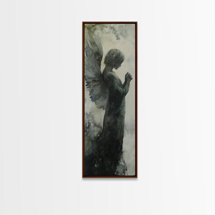 Watercolor Angel Canvas Print with Elegant Moody Design, Dark Angels Wall Art Gift Idea, Vertical Bedroom Zen Art Piece