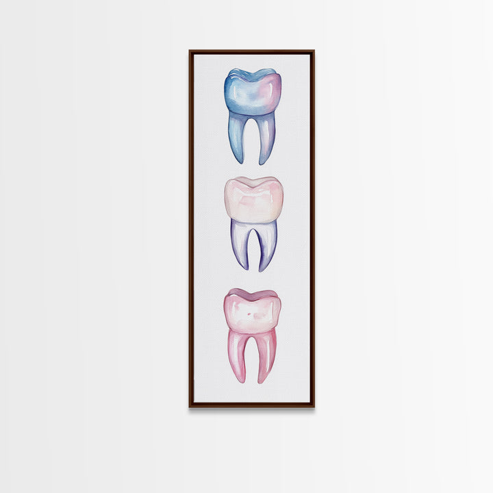 Whimsical Rainbow Teeth Canvas Print, Dentist Office Vertical Wall Art, Vibrant Dental Art Print for Gift Ideas