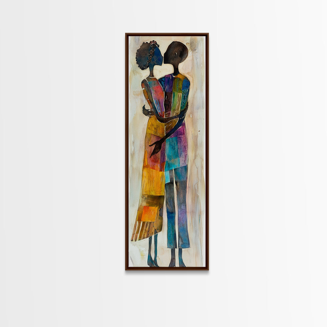 Afrocentric Couple Dancing Framed Canvas Print Colorful Abstract Painting Black Love Home Decor Tall Narrow Art Gift Idea