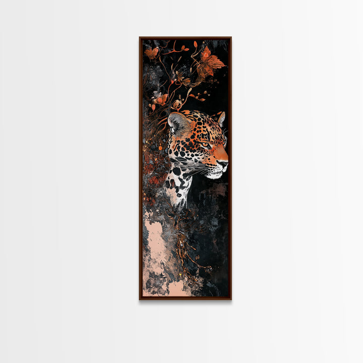 Floral and Leopard Canvas Print with Moody Art Style, Unique Animal Wall Art and Vertical Skinny Art Living Room Decor