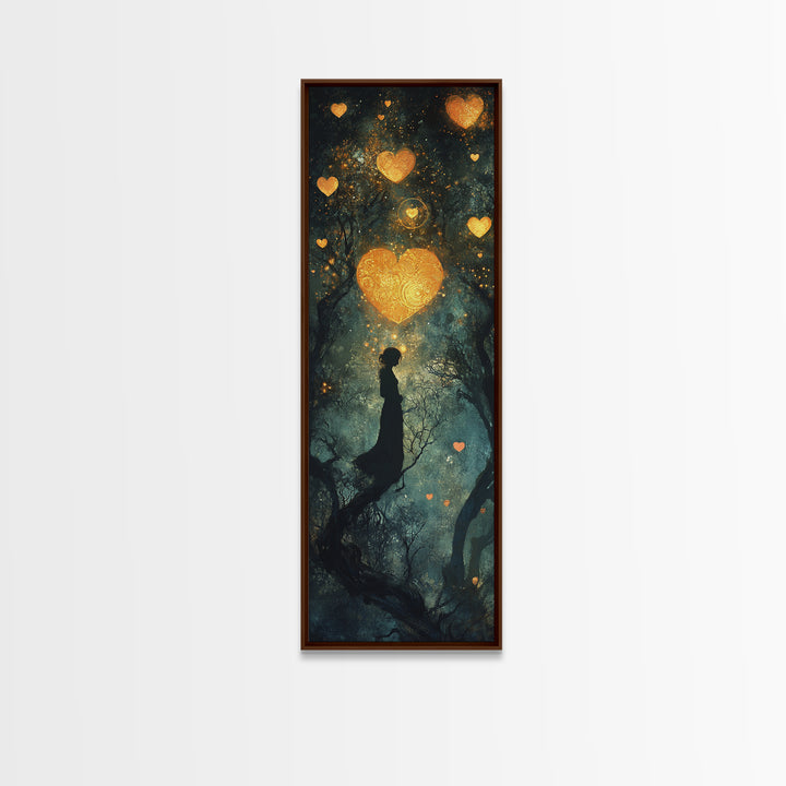 Mystical Heart Silhouette Canvas Print with Starry Night Forest, Moody Wall Art Gift Idea in Whimsical Romantic Style
