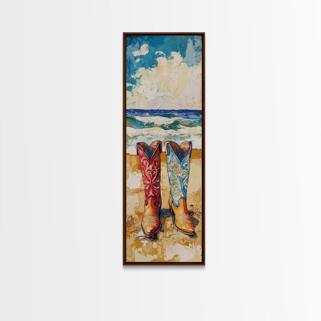 Coastal Cowgirl Boots Canvas Print, Vibrant Red and Blue Cowboy Boots on Beach with Ocean Waves, Coastal Wall Art, Nautical Decor, Gift Idea