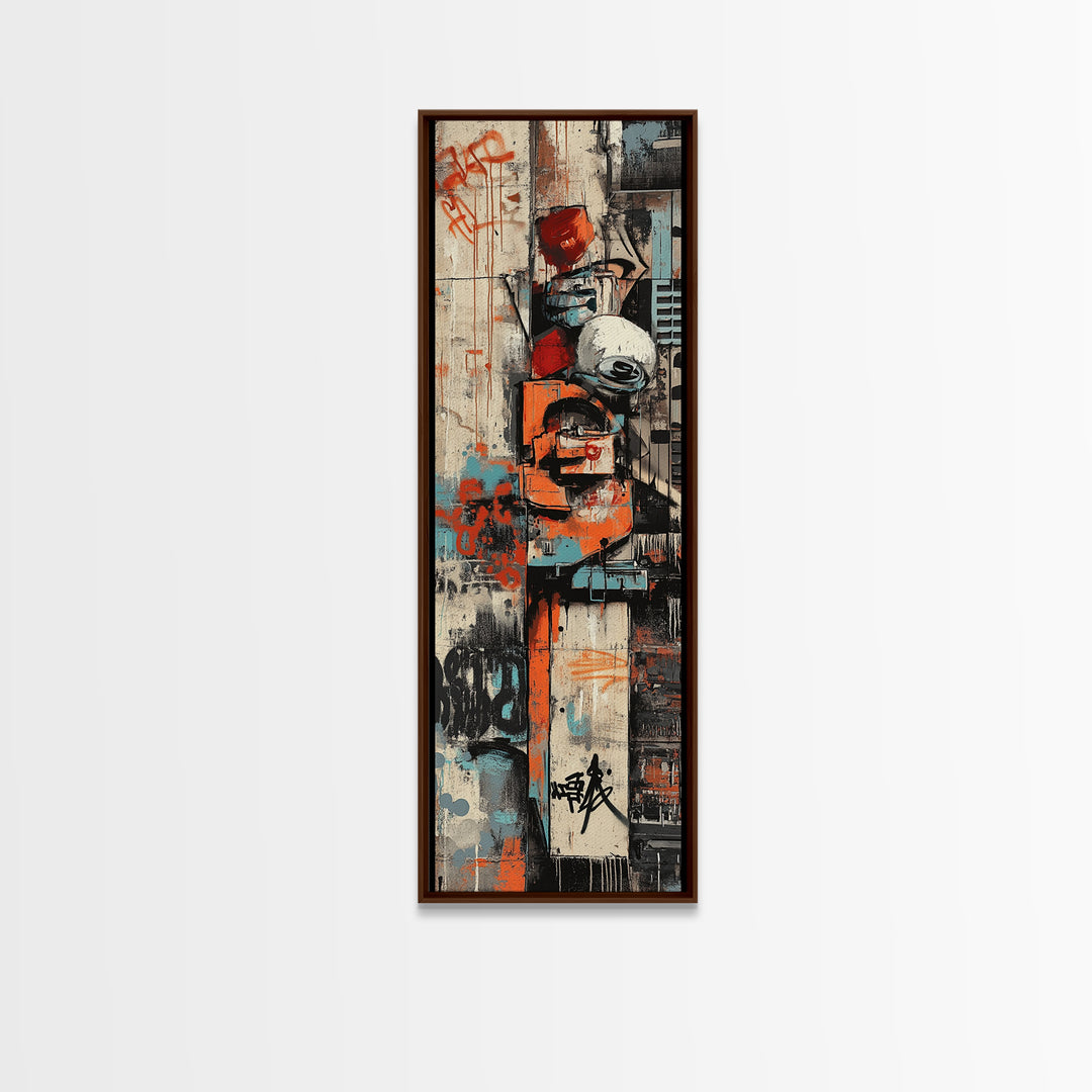 Urban Graffiti Canvas Print with Orange and Teal Accents, Long Narrow Wall Art for Contemporary Home or Living Room Decor