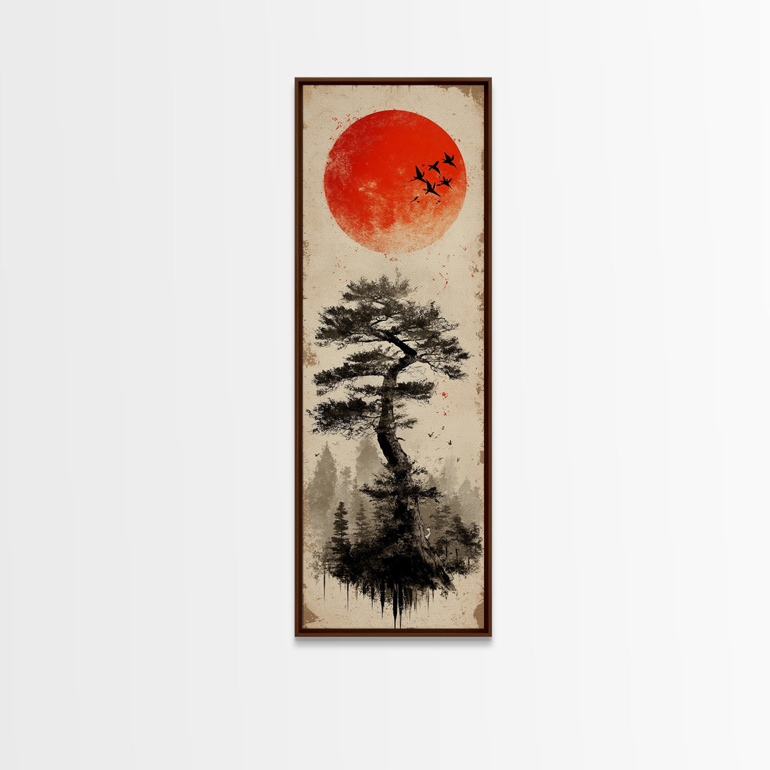 Bold Red Sun Pine Tree Framed Canvas Print Japanese Inspired Minimalist Wall Art Rustic Zen Decor Unique Vertical Nature Artwork