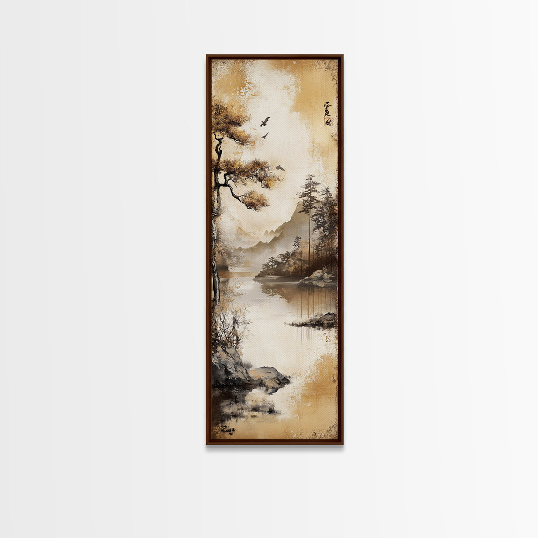 Tranquil Mountain Landscape Canvas Print Rustic Wall Art Serene Minimalist Decor Asian-Inspired Nature Artwork Zen Framed Piece