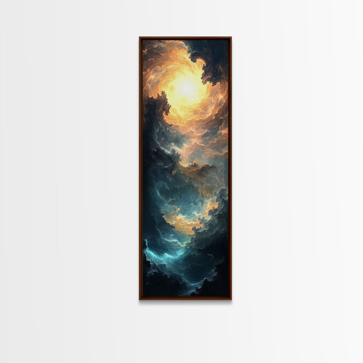 Celestial Abstract Landscape Framed Canvas Print Moody Horizontal Wall Art Blue and Gold Living Room or Bedroom Decor