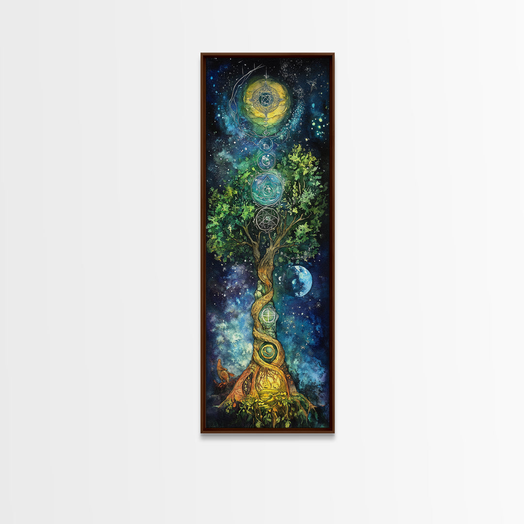 Celestial Tree Canvas Print With Cosmic Sacred Geometry Art, Whimsical Night Sky Scene, Panoramic Art Ideal Above Sofa Wall Decor