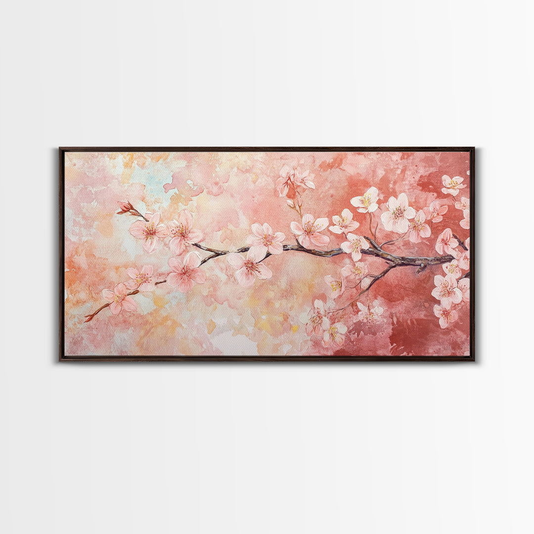 Cherry Blossom Painting Framed Canvas Print, Light Pink Wall Art Living Room Decor, Horizontal Wall Art Rustic Art Gift Idea for Her