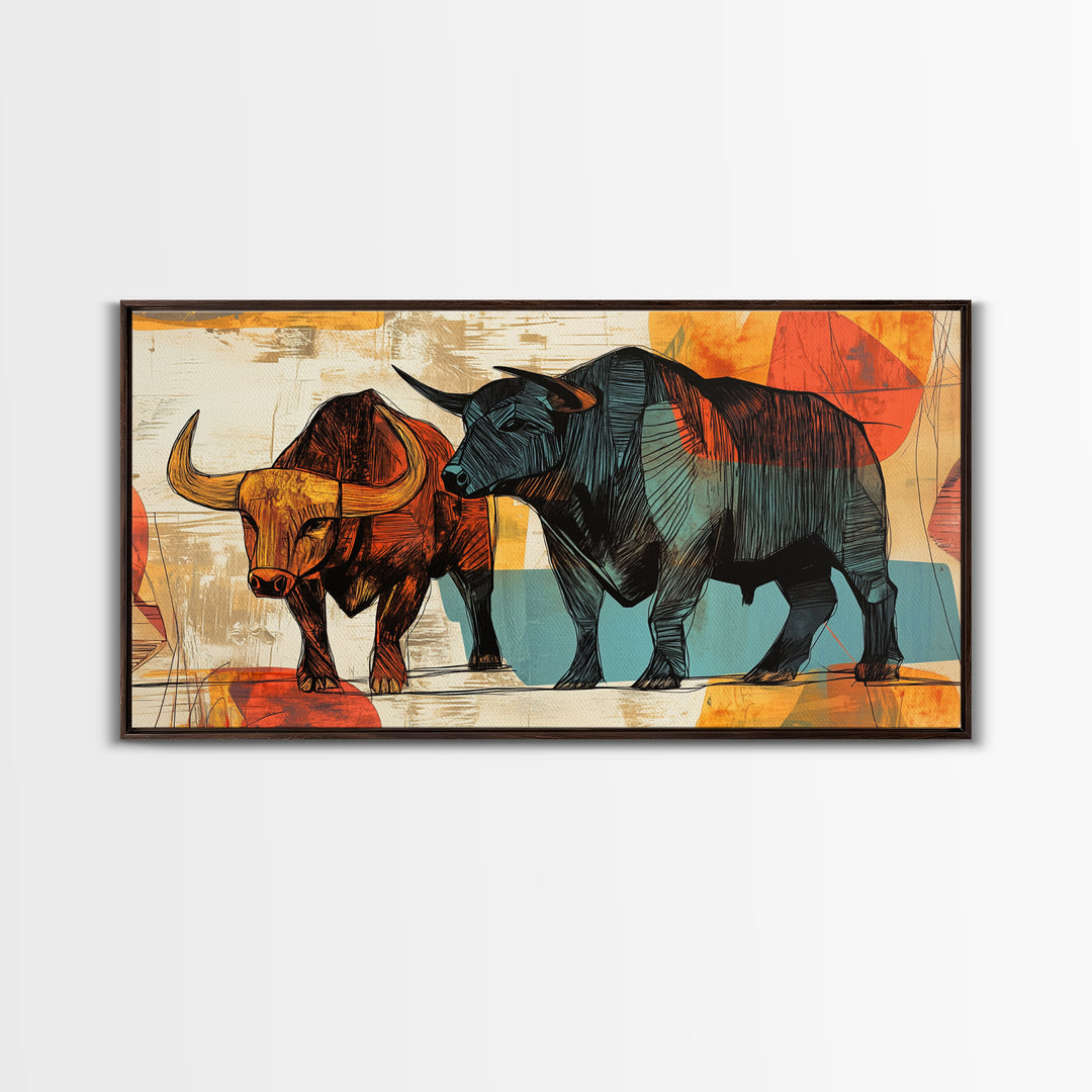 Abstract Bull Duo Framed Canvas Print Rustic Wall Art Geometric Bull Art Living Room Decor Bull and Bear Art Rustic Farmhouse Art