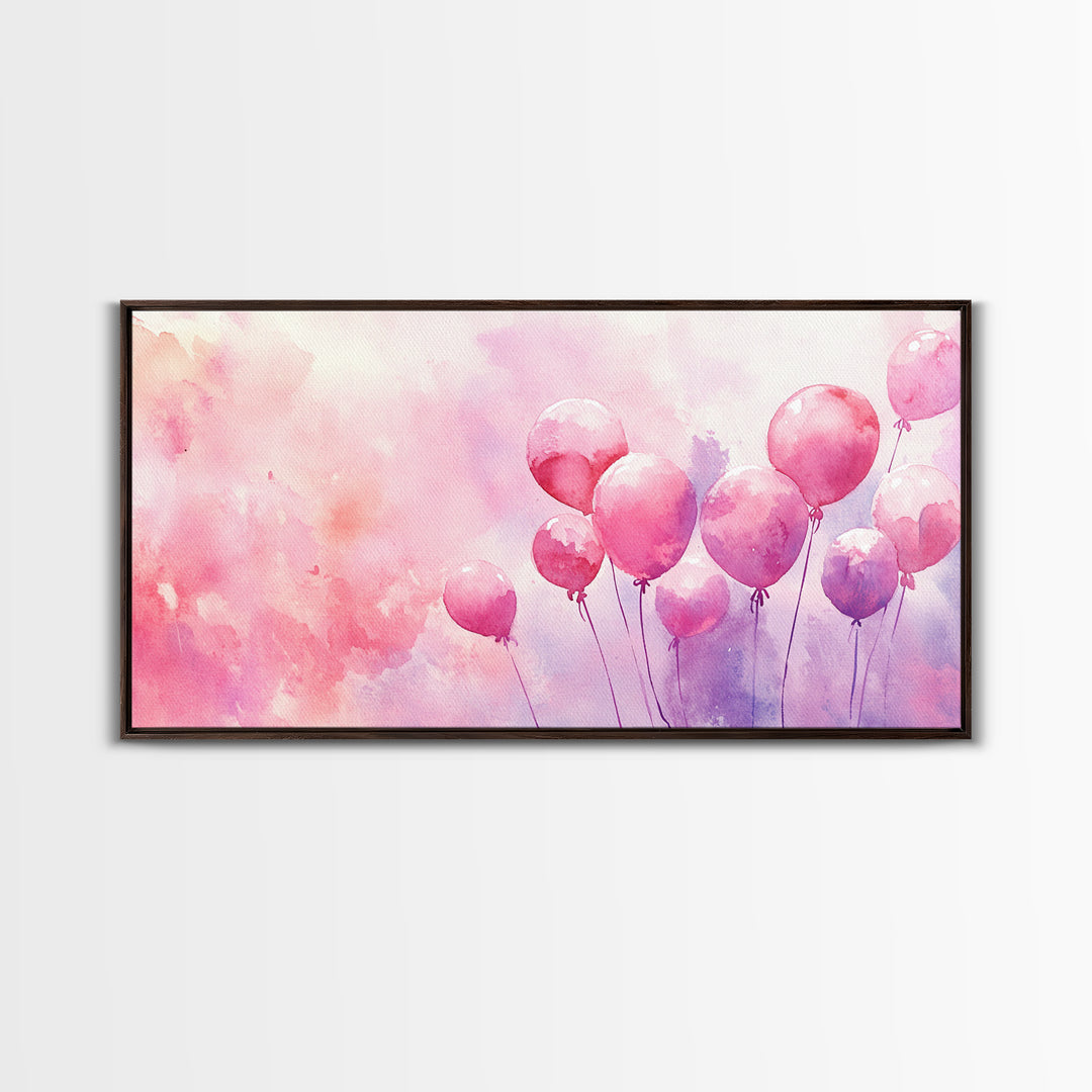 Pink Balloons Painting Framed Canvas Print, Whimsical Art Light Pink Wall Decor, Extra Wide Horizontal Wall Art Rustic Art Gift