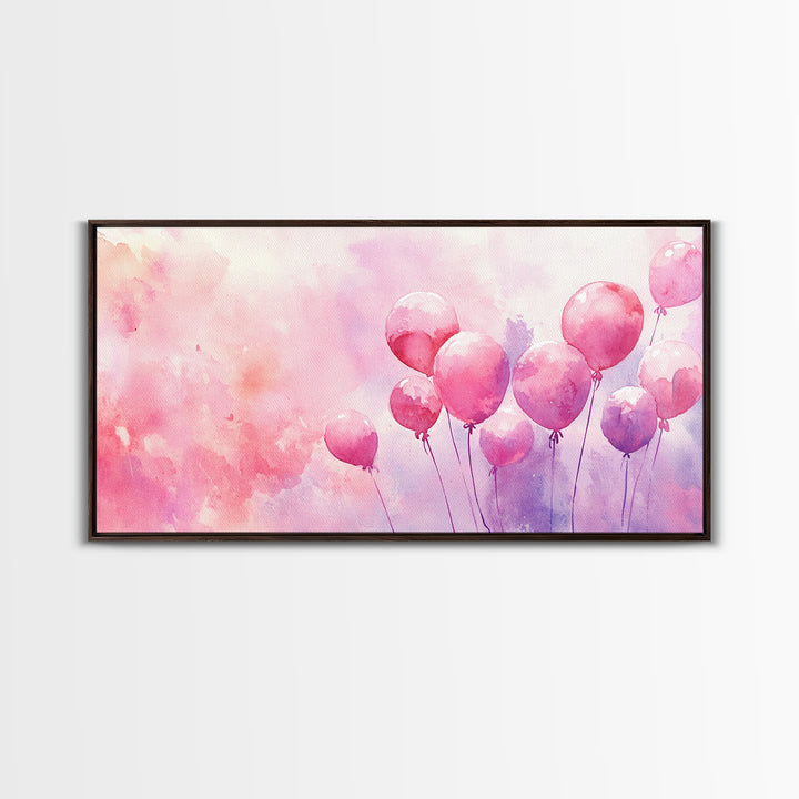 Pink Balloons Painting Framed Canvas Print, Whimsical Art Light Pink Wall Decor, Extra Wide Horizontal Wall Art Rustic Art Gift