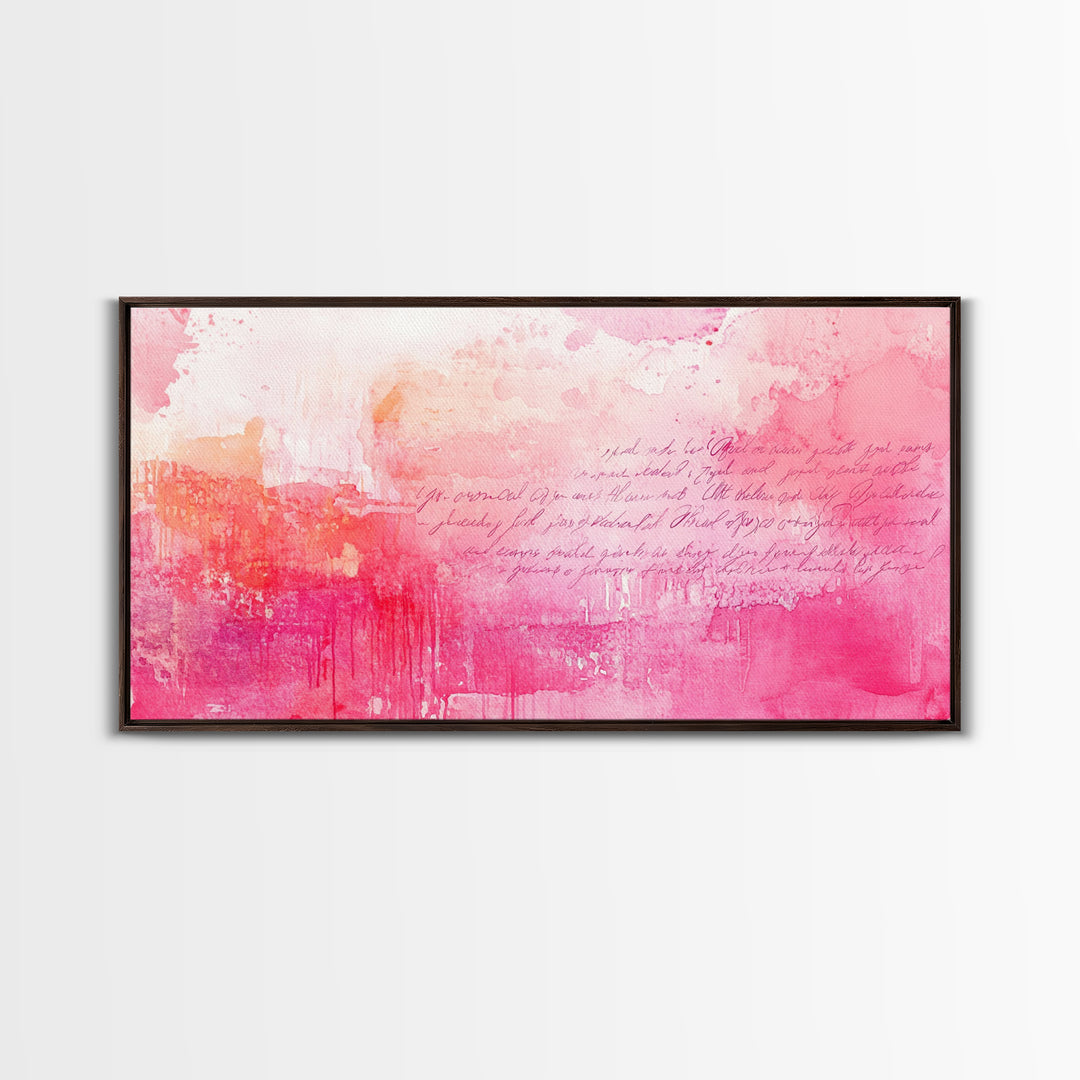 Abstract Pink Writing Framed Canvas Print, Light Pink Wall Art Chinoiserie Whimsical Decor, Rustic Wall Art Horizontal Gift Idea