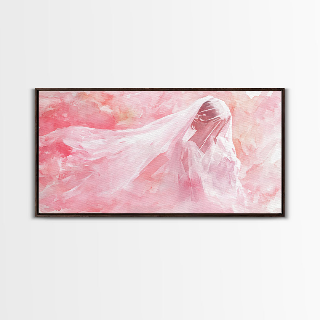 Delicate Veiled Woman Canvas Print Light Pink Wall Art Feminine Minimalist Art Bedroom Decor Above Bed Boho Art Gift Idea