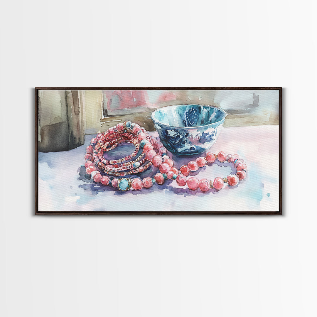 Beaded Necklace Canvas Print | Whimsical Boho Jewelry Wall Art | Pink and Blue Pastel Artwork | Feminine Room Decor | Gift Idea for Her